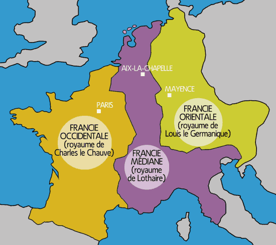 Partage de l'empire de Charlemagne entre Lothaire, Charles le Chauve et Louis le Germanique