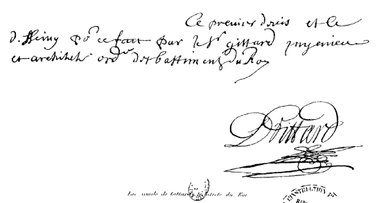 Autographe de Daniel Gittard figurant sur le mémoire en forme de devis réalisé en vue des réparations de l'église Saint-Aspais