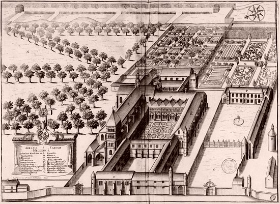 Abbaye Saint-Faron de Meaux. Gravure du XVIIe siècle extraite du Monasticon Gallicanum