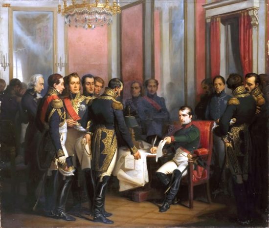 Napoléon signe en présence de ses maréchaux son abdication à Fontainebleau le 4 avril 1814. Peinture de François Bouchot (1843)