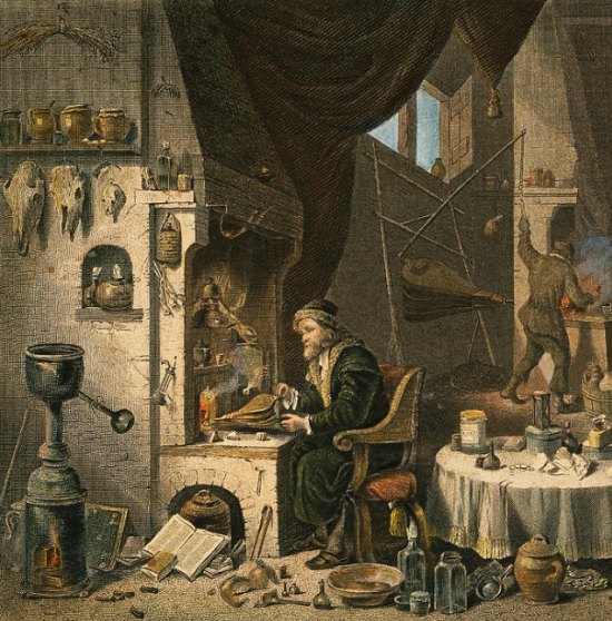 L'alchimiste. Détail d'une peinture de David Teniers le Jeune