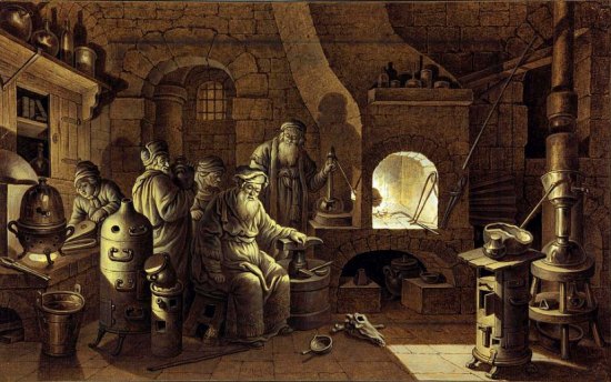 Un alchimiste et ses assistants dans leur atelier, par Johann Jacob Hoch (1793)