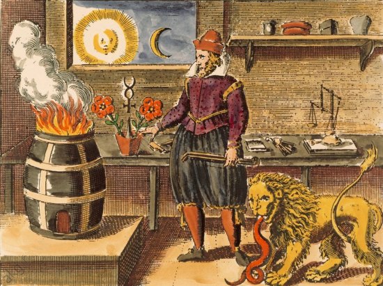 Un alchimiste préparant la pierre philosophale. Gravure (colorisée) de 1635