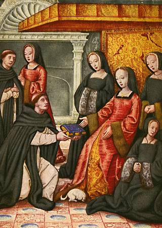 Anne de Bretagne recevant des mains d'Antoine Dufour un manuscrit retraçant la vie de femmes célèbres