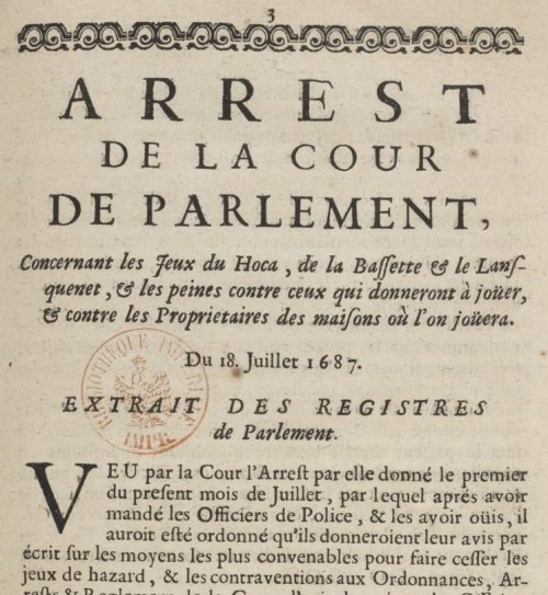 Arrêt du parlement en date du 18 juillet 1687 et concernant notamment le jeu du hoca
