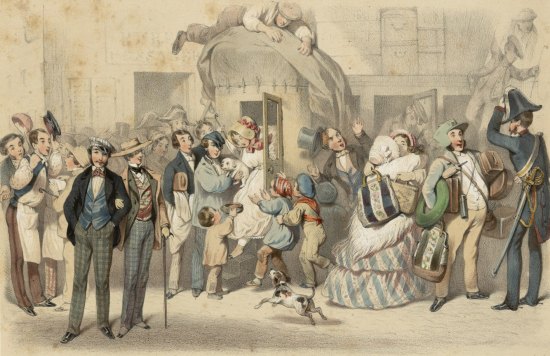 Arrivée d'une diligence au milieu du XIXe siècle
