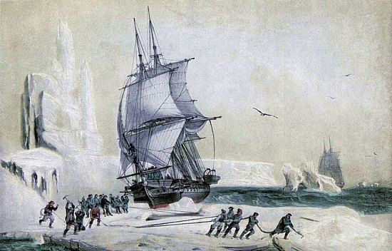 L'Astrolabe pris dans un banc de glace durant une expédition au Pôle Sud en 1838