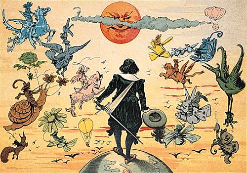 Illustration d'une édition de 1900 des Empires de la Lune et du Soleil Illustration d'une édition de 1900 des Empires de la Lune et du Soleil