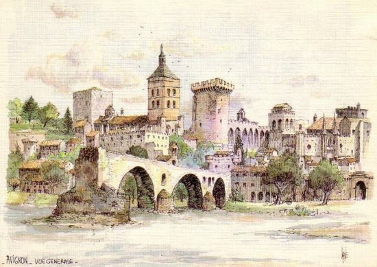 Vue générale d'Avignon. Aquarelle de Robert Lépine