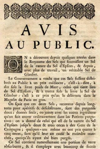 Avis au public pour des sels purgatifs (XVIIIe siècle)