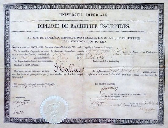 Diplôme du baccalauréat à l'époque de Napoléon