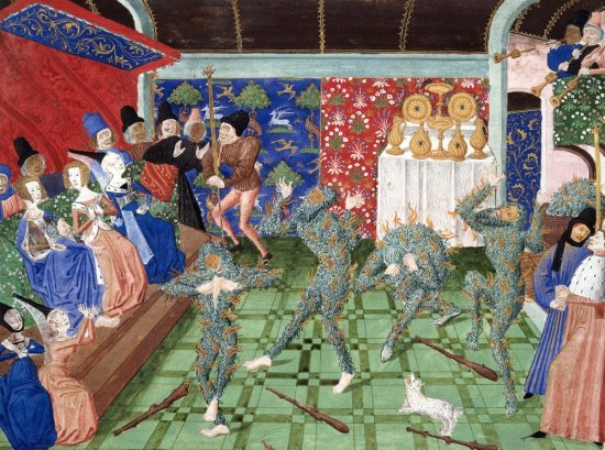 Représentation du Bal des ardents. Miniature attribuée à Philippe de Mazerolles, tirée d'un manuscrit des Chroniques de Froissart