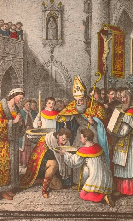 Clovis est baptisé par l'évêque saint Remi de Reims. Lithographie coloriée de Roland Weibezahl (1832)