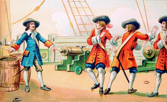 Prisonnier en 1697, Jean Bart menace de faire sauter la frégate la Sainte-Barbe si tous les Anglais ne se rendent pas prisonniers eux-mêmes