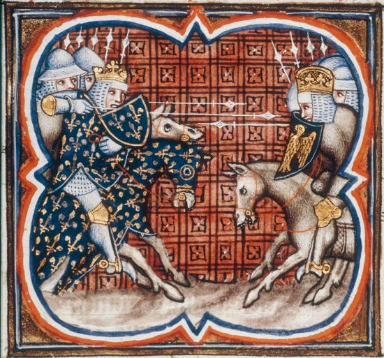 Bataille de Bouvines, le 27 juillet 1214. Enluminure extraite des Grandes Chroniques de France (vers 1380)