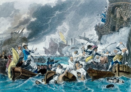 La bataille de La Hougue. Estampe (colorisée) de James Charles Armytage (1820–1897) d'après un tableau de Benjamin West (1738–1829)