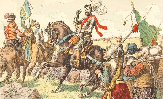 Henri IV passe ses troupes en revue avant la bataille d'Ivry le 14 Mars 1590. Lithographie de 1902