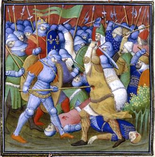 Charles Martel à la bataille de Poitiers. Enluminure du Maître de Boucicaut extraite du Trésor des histoires (1415)