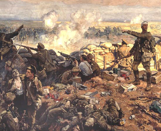 Bataille d'Ypres du 22 avril 1915. Détail d'une peinture de l'artiste canadien de guerre Richard Jack (la bataille d'Ypres de 1915 fut un baptême du feu pour le Canada)