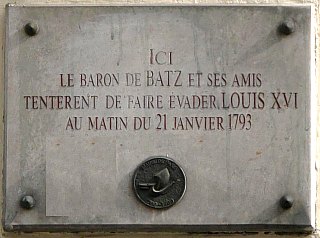 Plaque commémorant la tentative manquée du baron de Batz de libérer Louis XVI sur le trajet le conduisant à son exécution