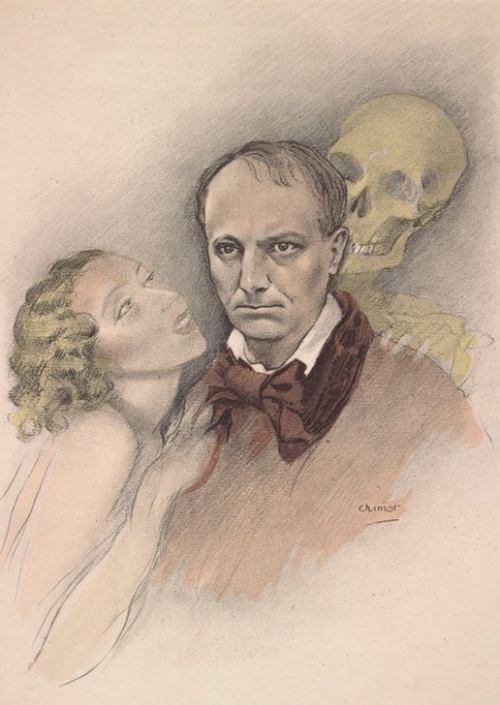 Baudelaire, l'amour et la mort. Dessin (colorisé) d'Édouard Chimot (1920)