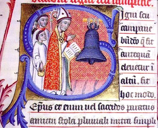 Représentation de la bénédiction d'une cloche dans le Pontifical de Pierre de La Jugie vers 1350 (Cathédrale Saint-Just, Narbonne)