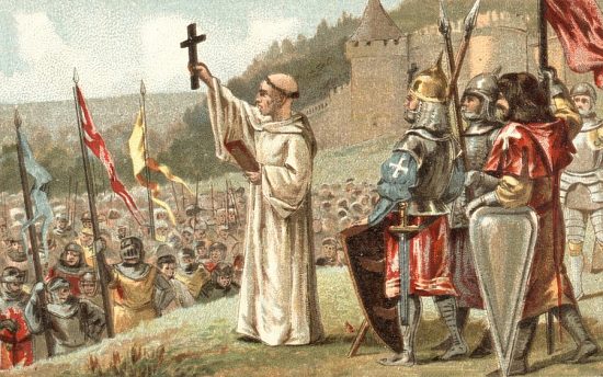Saint Bernard prêchant la deuxième croisade lors de l'assemblée de Vézelay, le jour de Pâques 1146. Chromolithographie de 1890