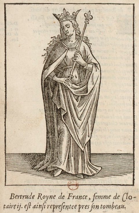 Estampe représentant Bertrude, épouse de Clotaire II, roi des Francs (début du VIIe siècle)