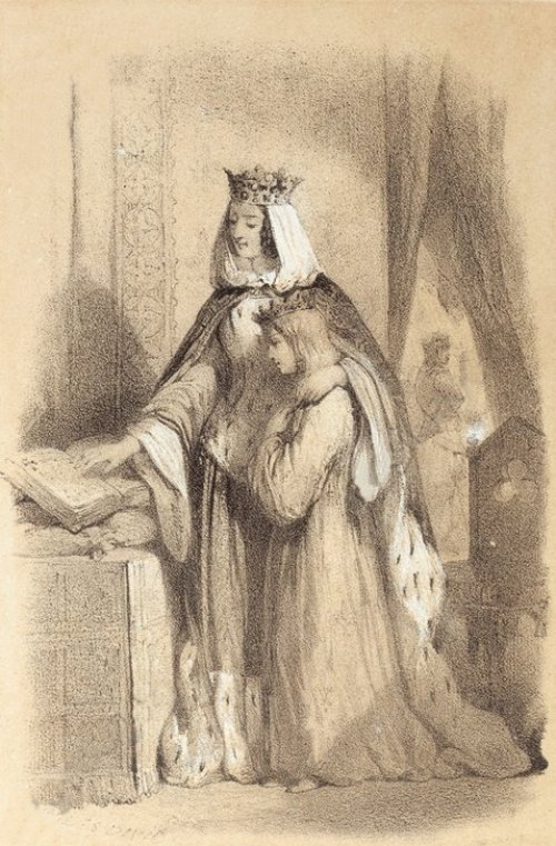 La reine Blanche de Castille et son fils Louis IX. Lithographie parue dans Les reines de France (1890)