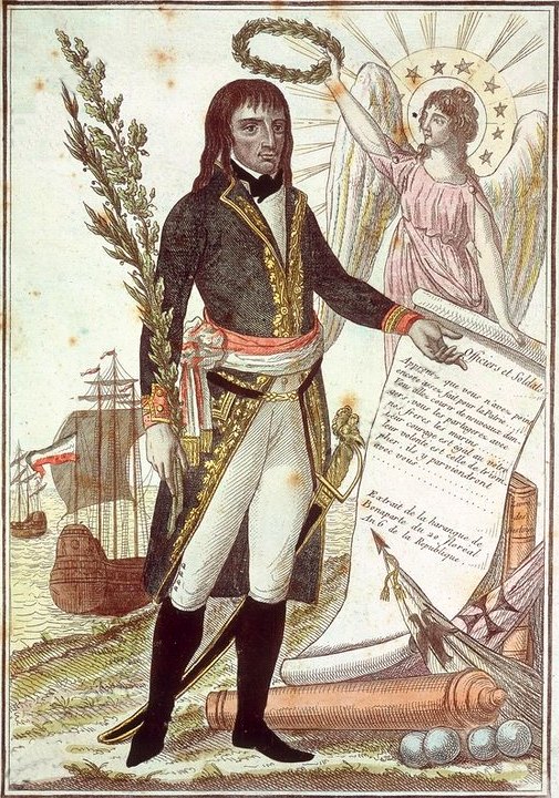 Arrivée de Bonaparte en Égypte : portrait du général Bonaparte et allégorie de son arrivée à Alexandrie, le 1er juillet 1798. Gravure anonyme de 1798