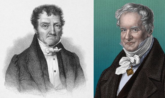 À gauche, Aimé Bonpland. À droite, Alexandre de Humboldt d'après une photographie de Gustav Schauer (1826-1902)