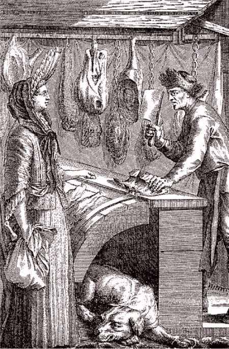 Bourgeoise achetant des entrecôtes. Gravure du XVIIe siècle