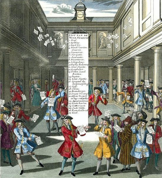 Caricature de la panique sévissant à la Bourse d'Amsterdam suite à la crise financière française de la fin 1720 due à la chute du système de Law. Gravure (colorisée) d'époque de Humblot