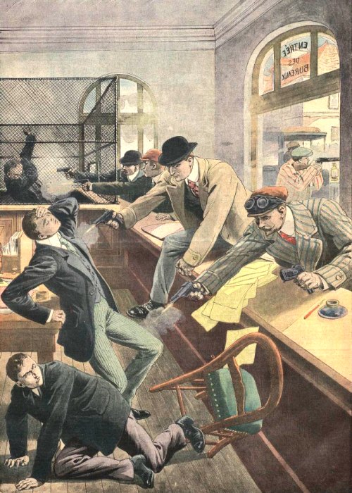 Braquage de la Société Générale à Chantilly le 25 mars 1912. Illustration paru dans le Supplément illustré du Petit Journal en date du 7 avril 1912