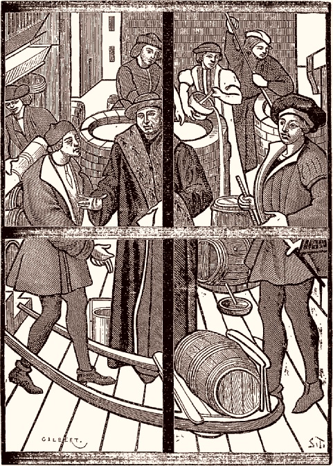 Les Brasseurs, vitrail du XVe siècle, à la cathédrale de Tournai (Seré, le Moyen Age et la Renaissance, tome III). Dessin de Gilbert.