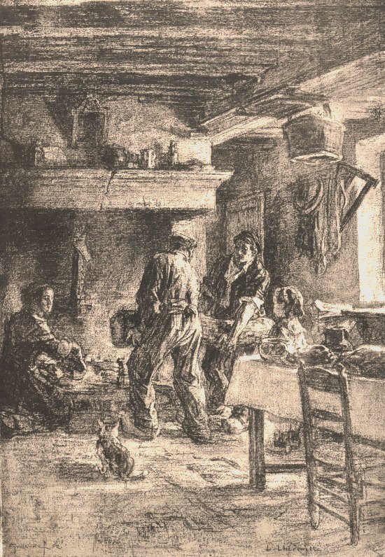 Tradition de la grande bûche de Noël. Dessin de Léon Lhermitte paru dans Le Monde illustré du 1er janvier 1884