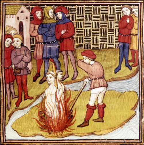 Jacques de Molay et Geoffroy de Charnay sur le bûcher (Extrait des Grandes chroniques de France)