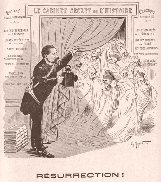 Augustin Cabanès et son cabinet secret de l'Histoire. Illustration humoristique parue dans L'Album du Rictus, journal humoristique mensuel (1910)