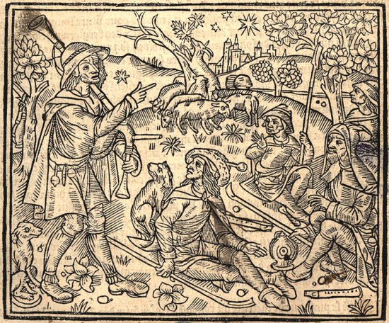 Bergers se préparant à aller à la crèche en suivant l'Etoile. Gravure extraite du Calendrier des bergers (1500)