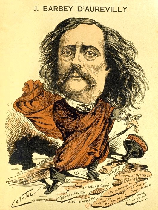Portrait caricatural de Barbey d'Aurevilly d'après un dessin de Coll-Toc (pseudonyme utilisé par les caricaturistes Alexandre Collignon et Georges Tocqueville) et paru dans Les Hommes d'aujourd'hui (1880)