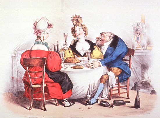 Caricature anti-cholérique. Homme expliquant à deux femmes sa façon d'éviter le choléra