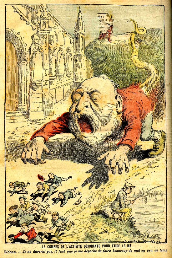 Le Combes de l'activité dévorante pour faire le mal. Caricature parue dans Le Pèlerin du 27 juillet 1902