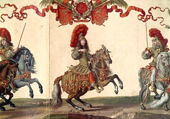 Louis XIV en empereur romain lors du Grand Carrousel de 1662. Gravure d'Israël Silvestre mise en couleur par Jacques Bailly (1670)