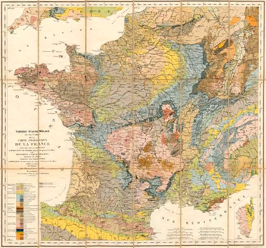 Tableau d'assemblage des six feuilles de la carte géologique de la France exécutée sous la direction d'André Brochant de Villiers, inspecteur général des Mines, par Pierre-Armand Dufrénoy et Léonce Élie de Beaumont, ingénieurs des Mines