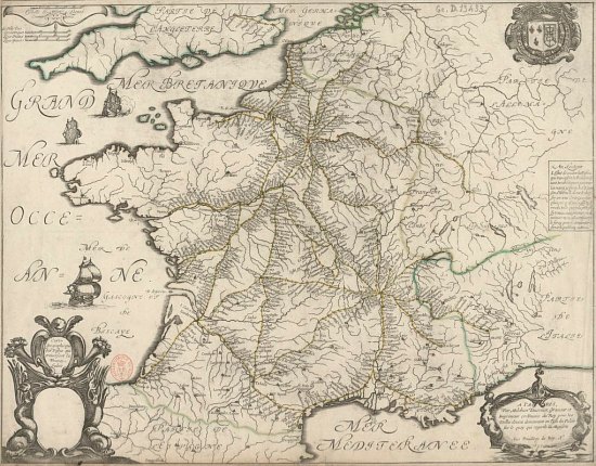 Carte géographique des postes qui traversent la France, par Nicolas Sanson (1632)