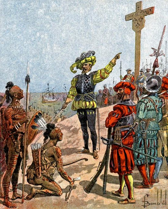 Jacques Cartier prend possession de la Baie de Gaspé le 24 juillet 1534. Illustration de Louis-Charles Bombled (1862-1927) publiée dans Histoire de la Nouvelle-France par E. Guénin (1904)