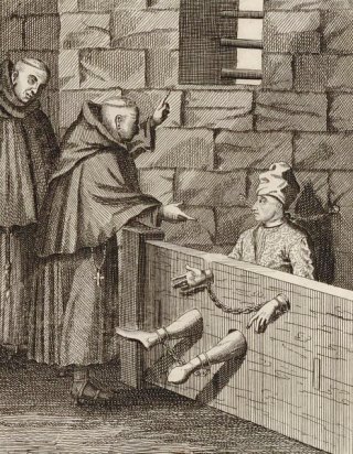 Cartouche dans sa prison, exhorté au repentir par deux moines