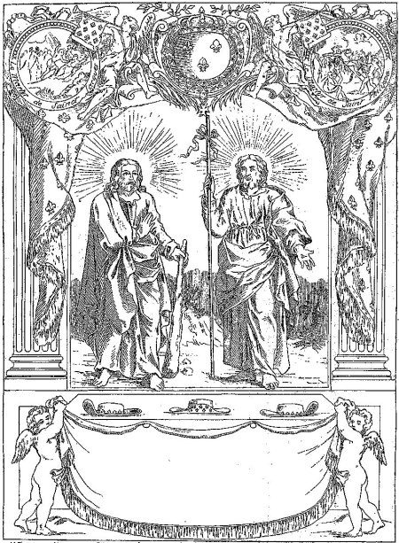 Image gravée en 1683 pour la confrérie des chapeliers de la ville et faubourgs de Paris. Dans l'original, une prière adressée aux patrons de la confrérie, saint Jacques et saint Philippe, est gravée sur la draperie.