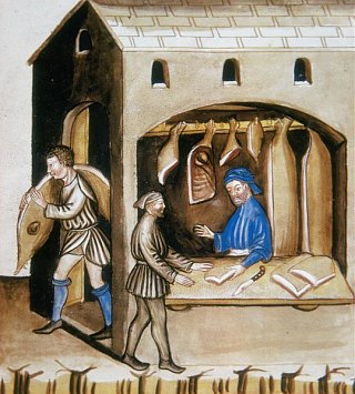 Vente de la viande séchée et salée (Extrait du Tacuinum sanitatis, XIVe siècle)