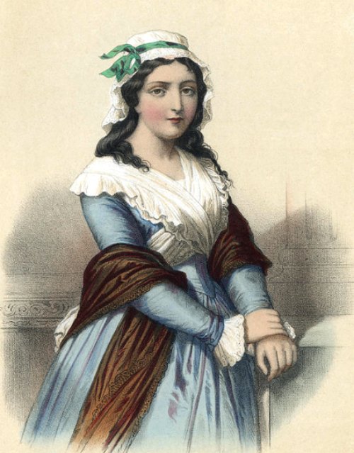 Charlotte Corday. Chromolithographie d'après un dessin de Jules Champagne (1857)